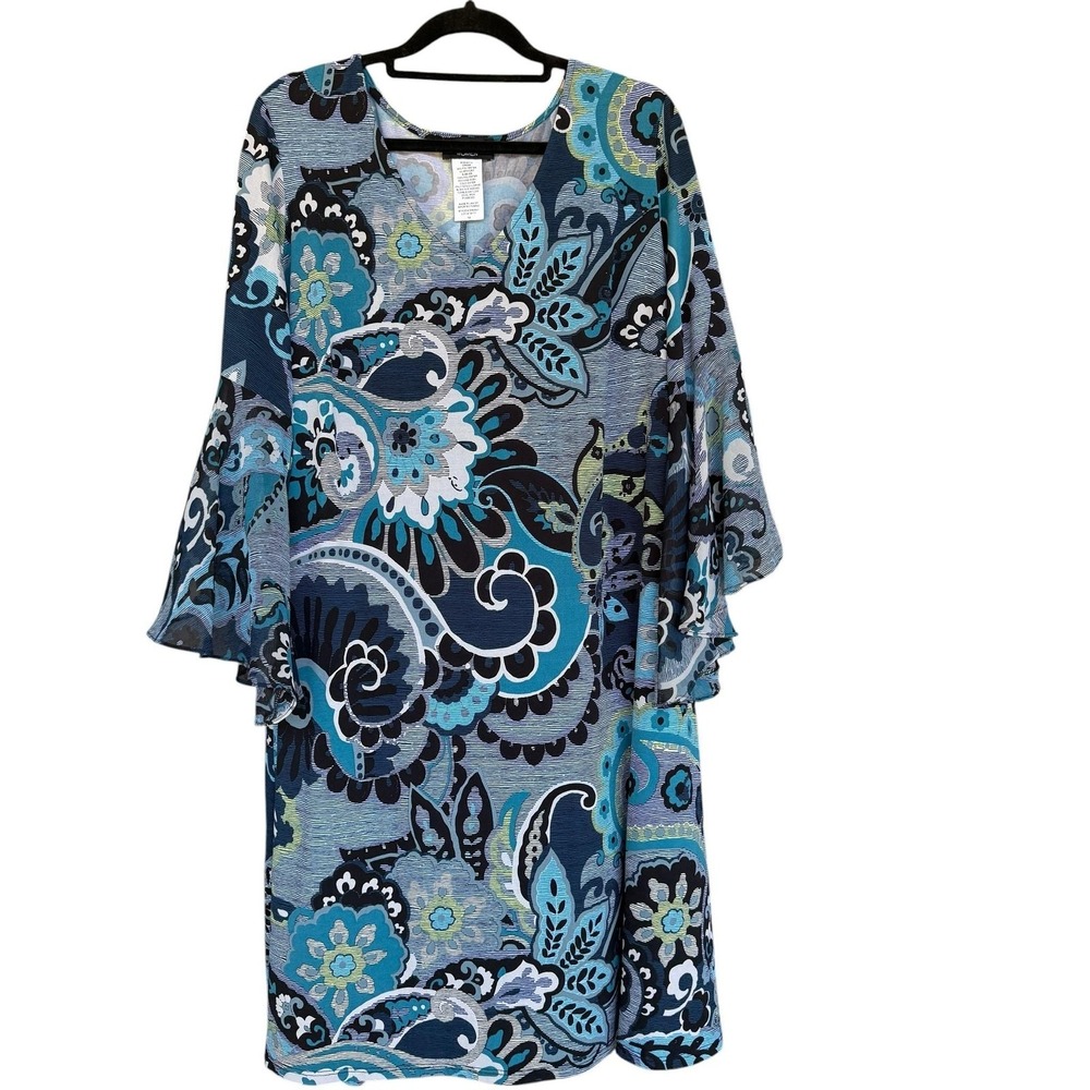 MSK Dress Womens 1X Blue Paisley Bell Sleeve Layered Shift Stretch Knit Casual